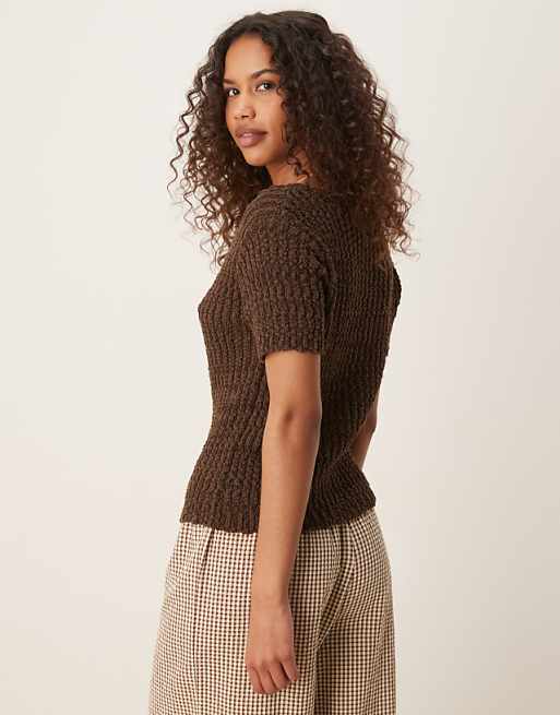 DESIGN Knitted Scoop Neck Button Through Cardigan In Textured Yarn In Chocolate