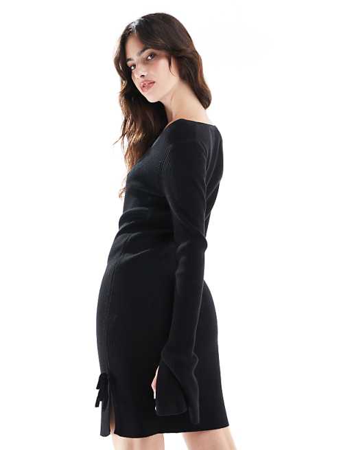 DESIGN Knitted Scoop Neck Mini Dress With Tie Detail In Black