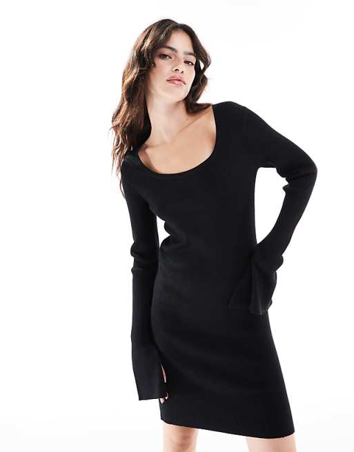 DESIGN knitted scoop neck mini dress with tie detail in black