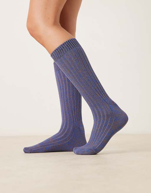DESIGN knitted socks in mixed brown and light blue yarn