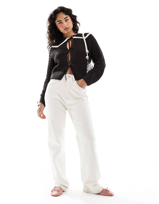 DESIGN Knitted Stitch Detail Tie Front Cardigan With Collar Detail In Chocolate