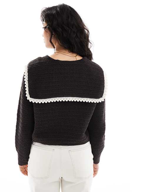 DESIGN Knitted Stitch Detail Tie Front Cardigan With Collar Detail In Chocolate