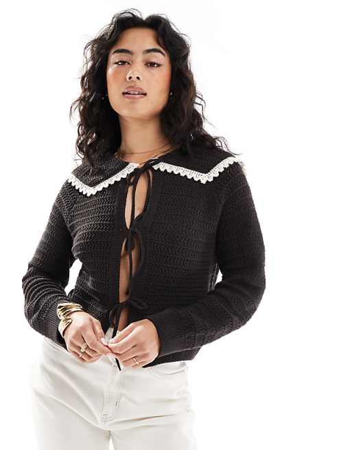 DESIGN knitted stitch detail tie front cardigan with collar detail in chocolate