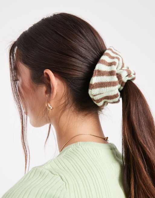 DESIGN Knitted Stripe Scrunchie In Brown And Green