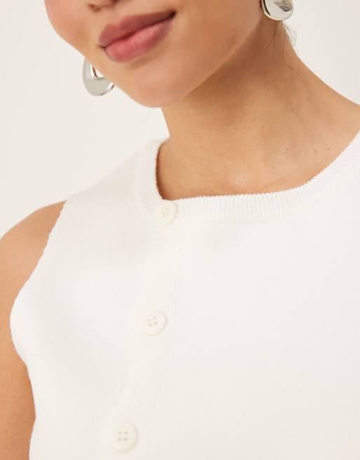 DESIGN Knitted Structured Asymmetric Button Front Waistcoat With Split In Cream