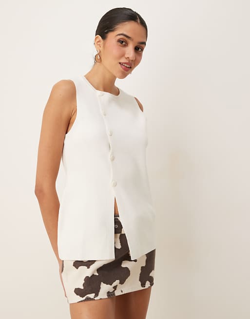 DESIGN Knitted Structured Asymmetric Button Front Waistcoat With Split In Cream
