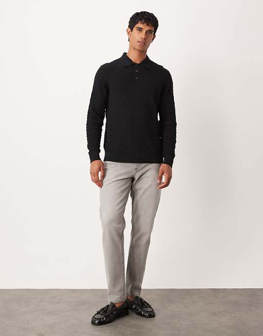 DESIGN Knitted Textured Long Sleeve Polo In Black