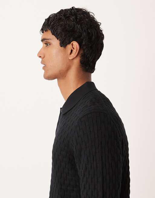 DESIGN Knitted Textured Long Sleeve Polo In Black