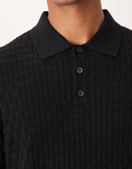 DESIGN Knitted Textured Long Sleeve Polo In Black