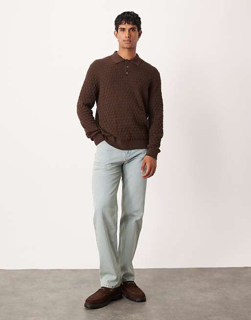 DESIGN Knitted Textured Long Sleeve Polo In Brown