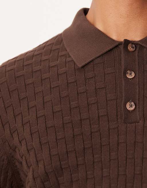 DESIGN Knitted Textured Long Sleeve Polo In Brown