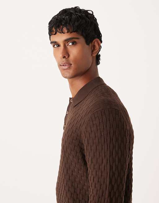 DESIGN Knitted Textured Long Sleeve Polo In Brown