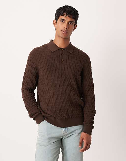 DESIGN knitted textured long sleeve polo in brown