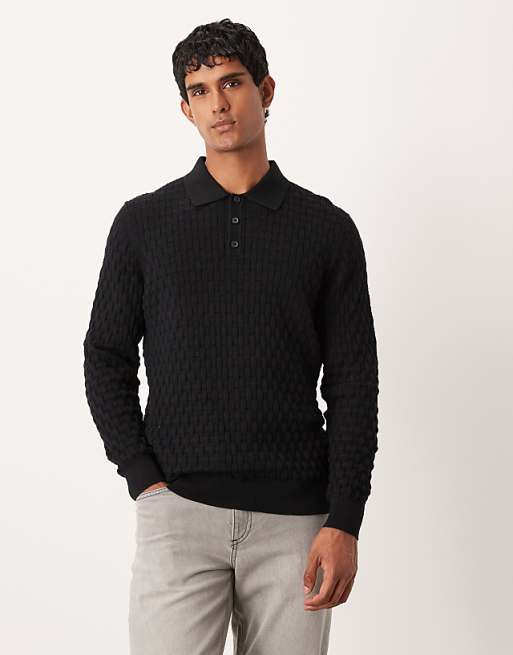 DESIGN knitted textured long sleeve polo in black