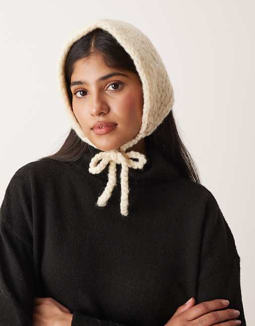 DESIGN knitted triangle bonnet with tie detail in cream