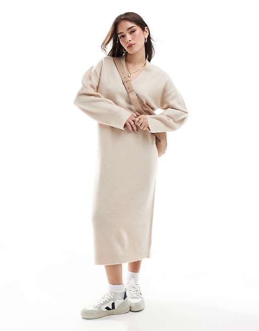DESIGN Knitted V Neck Midaxi Dress In Oatmeal