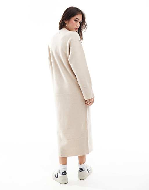 DESIGN Knitted V Neck Midaxi Dress In Oatmeal