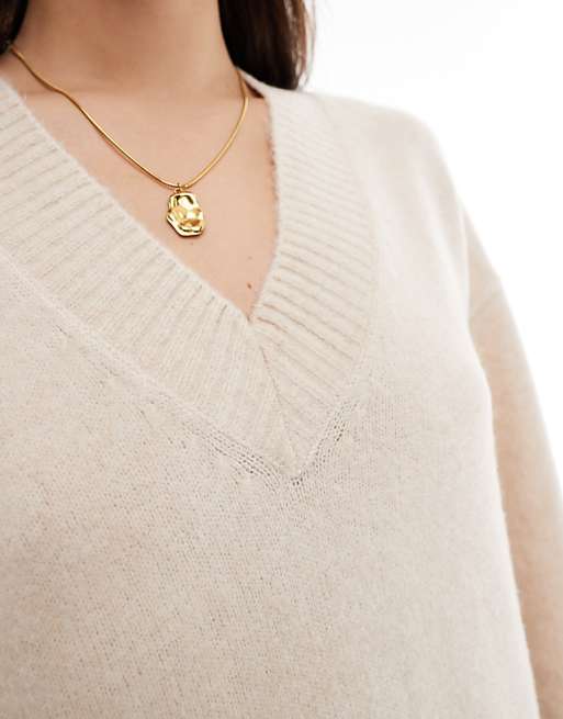 DESIGN Knitted V Neck Midaxi Dress In Oatmeal