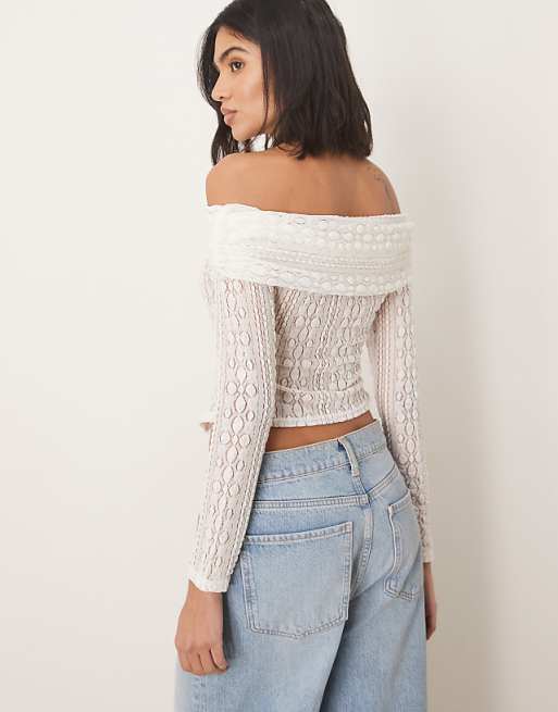 DESIGN Lace Off The Shoulder Long Sleeve Top With Tie Detail In Ivory