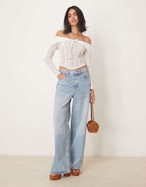 DESIGN Lace Off The Shoulder Long Sleeve Top With Tie Detail In Ivory