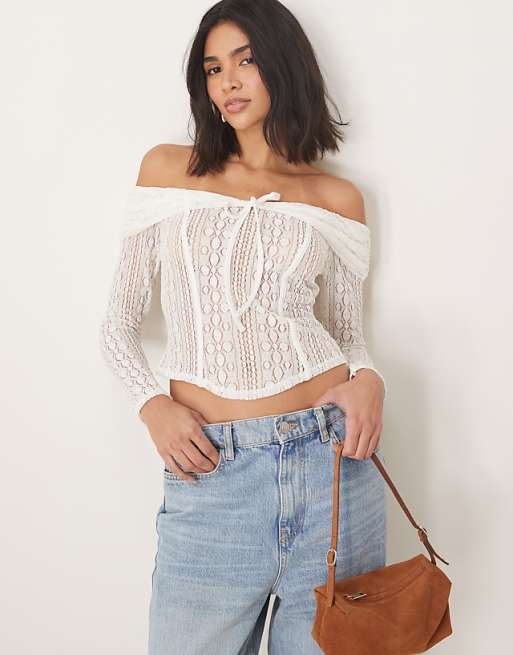 DESIGN lace off the shoulder long sleeve top with tie detail in ivory