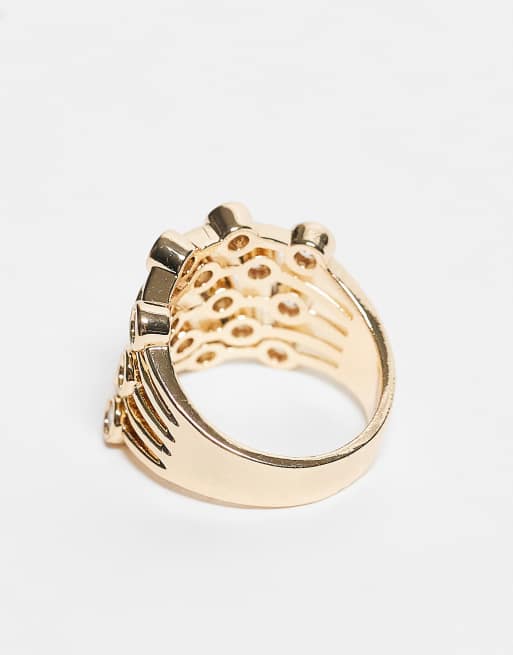 DESIGN Large Caged Ring With Cz Stones Set In Gold Tone