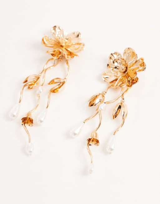 DESIGN Large Floral Stud Earrings With Flower Pendant Drops In Gold Tone