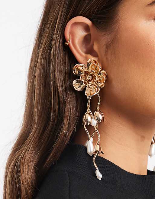 DESIGN large floral stud earrings with flower pendant drops in gold tone