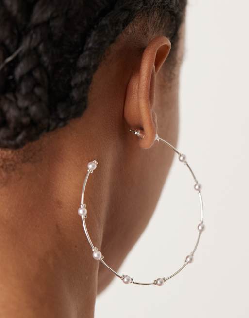 DESIGN Large Hoop Earrings With Faux Pearl Detail In Silver Tone