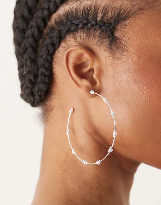 DESIGN large hoop earrings with faux pearl detail in silver tone