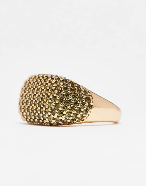 DESIGN Large Ring With Green Pave Crystals In Gold Tone