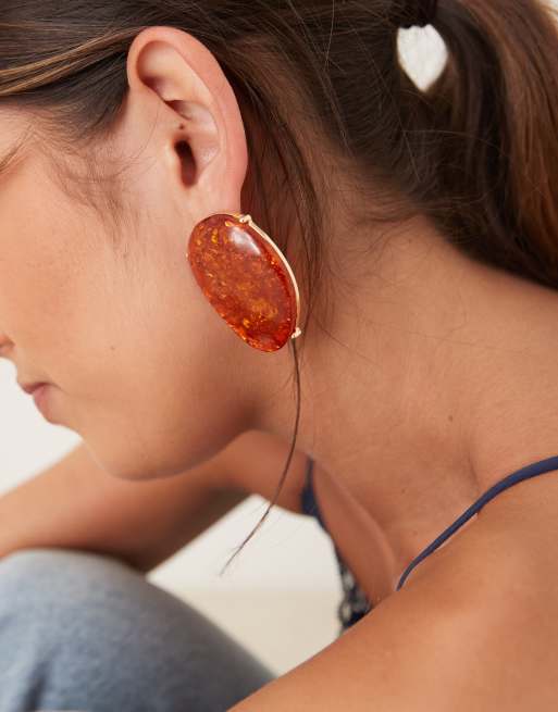 DESIGN Large Stud Earrings With Amber Faux-stone Setting