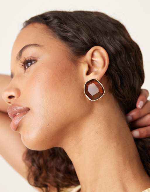 DESIGN Large Stud Earrings With Faux Crystal Design In Amber Tone
