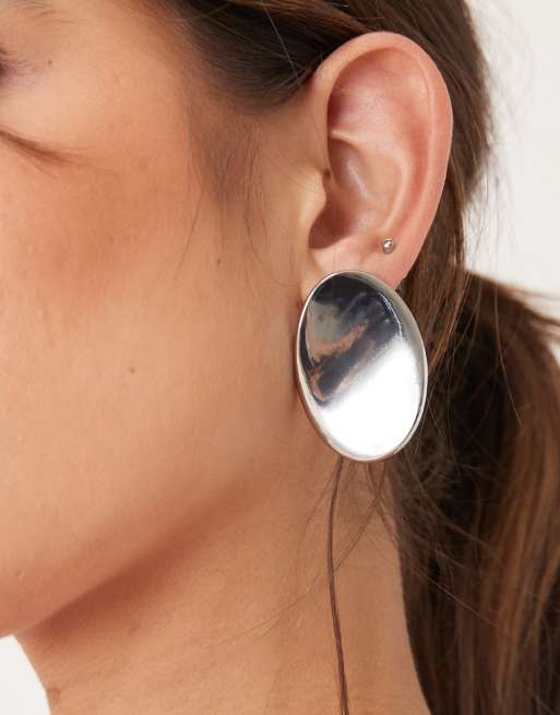 DESIGN Large Studs With Flat Oval Shape In Silver Tone