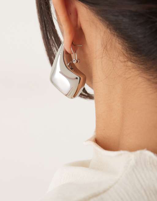 DESIGN Large Teardrop Earrings With Angular Design In Silver Tone