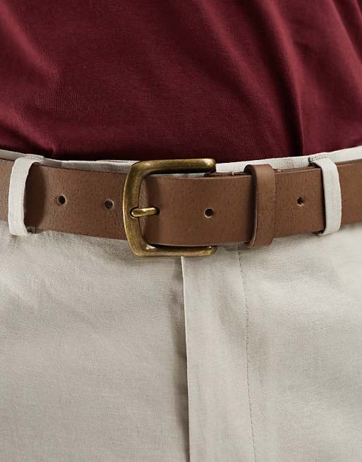 DESIGN Leather Belt With Burnished Gold Buckle In Vintage Brown