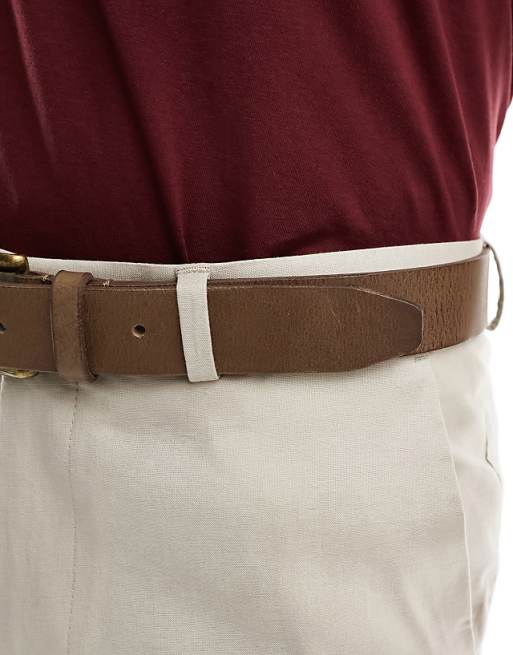 DESIGN Leather Belt With Burnished Gold Buckle In Vintage Brown