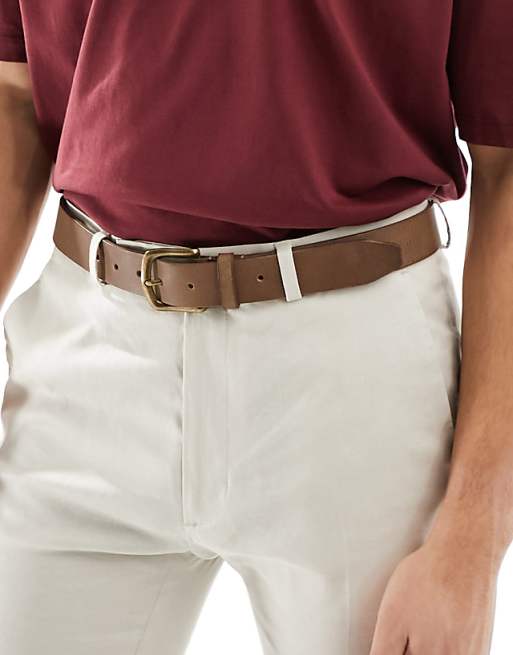 DESIGN leather belt with burnished gold buckle in vintage brown