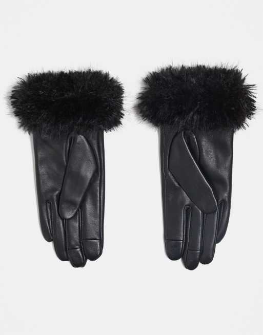 DESIGN Leather Gloves With Faux Mongolian Fur Trim In Black