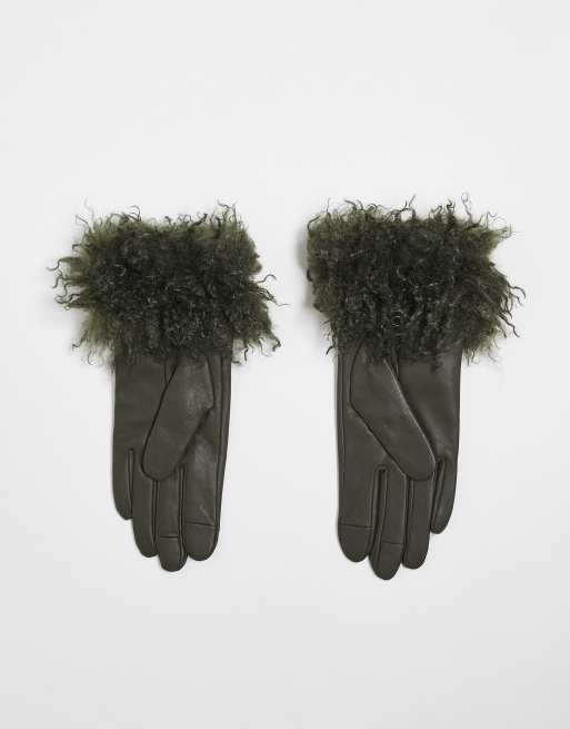 DESIGN Leather Gloves With Faux Mongolian Fur Trim In Green