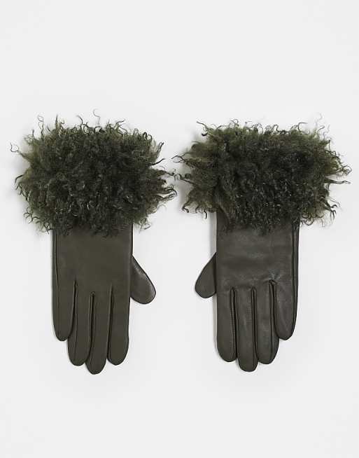 DESIGN leather gloves with faux Mongolian fur trim in green
