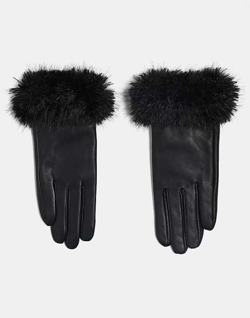 DESIGN leather gloves with faux mongolian fur trim in black