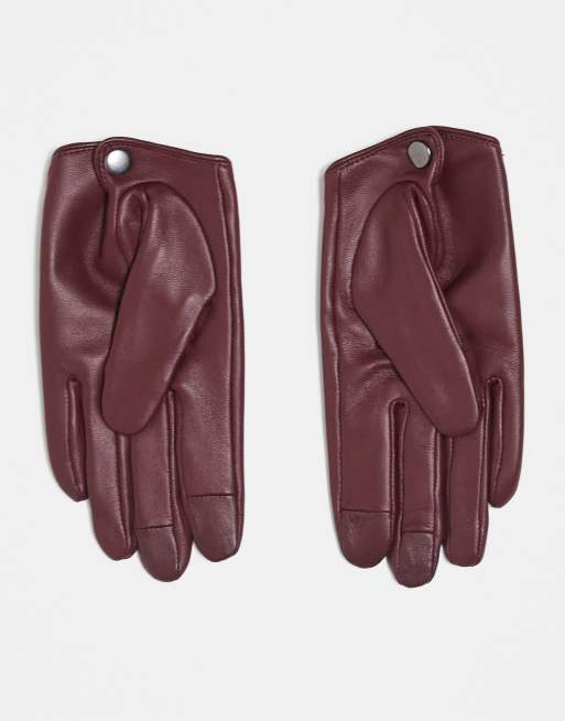 DESIGN Leather Touch Screen Gloves In Burgundy