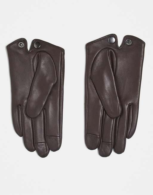 DESIGN Leather Touch Screen Gloves In Chocolate