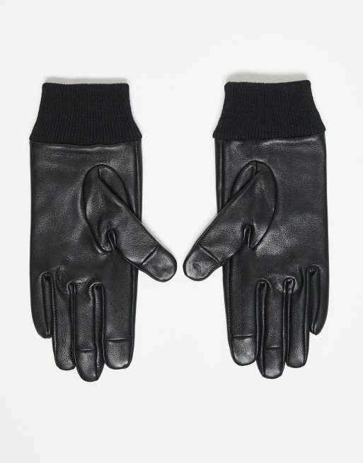 DESIGN Leather Touch Screen Gloves With Rib Cuff In Black