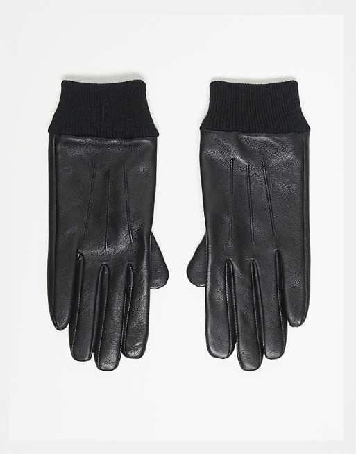 DESIGN leather touch screen gloves with rib cuff in black