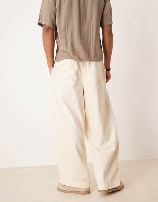 DESIGN Lightweight Herringbone Parachute Trousers In Ecru