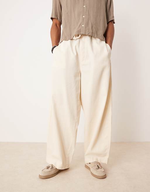 DESIGN lightweight herringbone parachute trousers in ecru