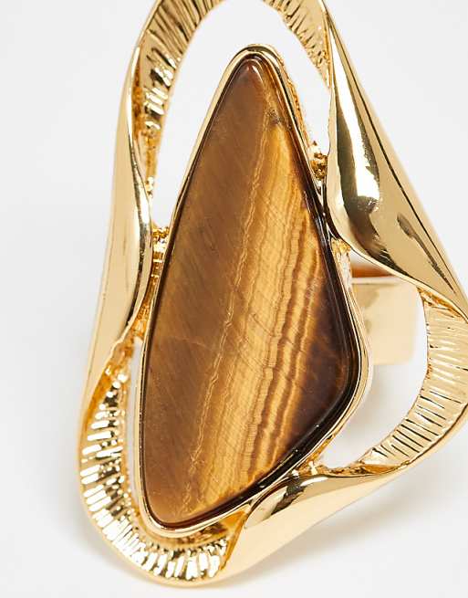 DESIGN Limited Edition 14k Gold Plated Ring With Molten Design And Tigers Eye Real Semi Precious Stone