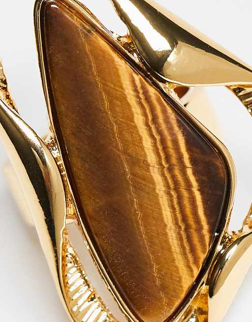 DESIGN Limited Edition 14k Gold Plated Ring With Molten Design And Tigers Eye Real Semi Precious Stone